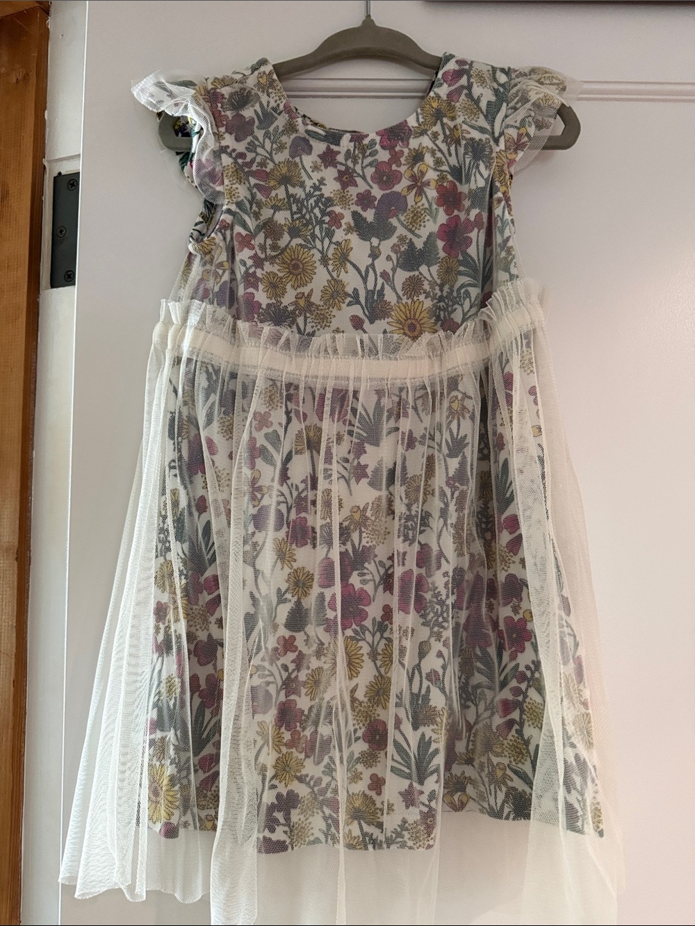 Girls Floral Mesh Overlay Dress - White with Pink & Yellow Flowers
